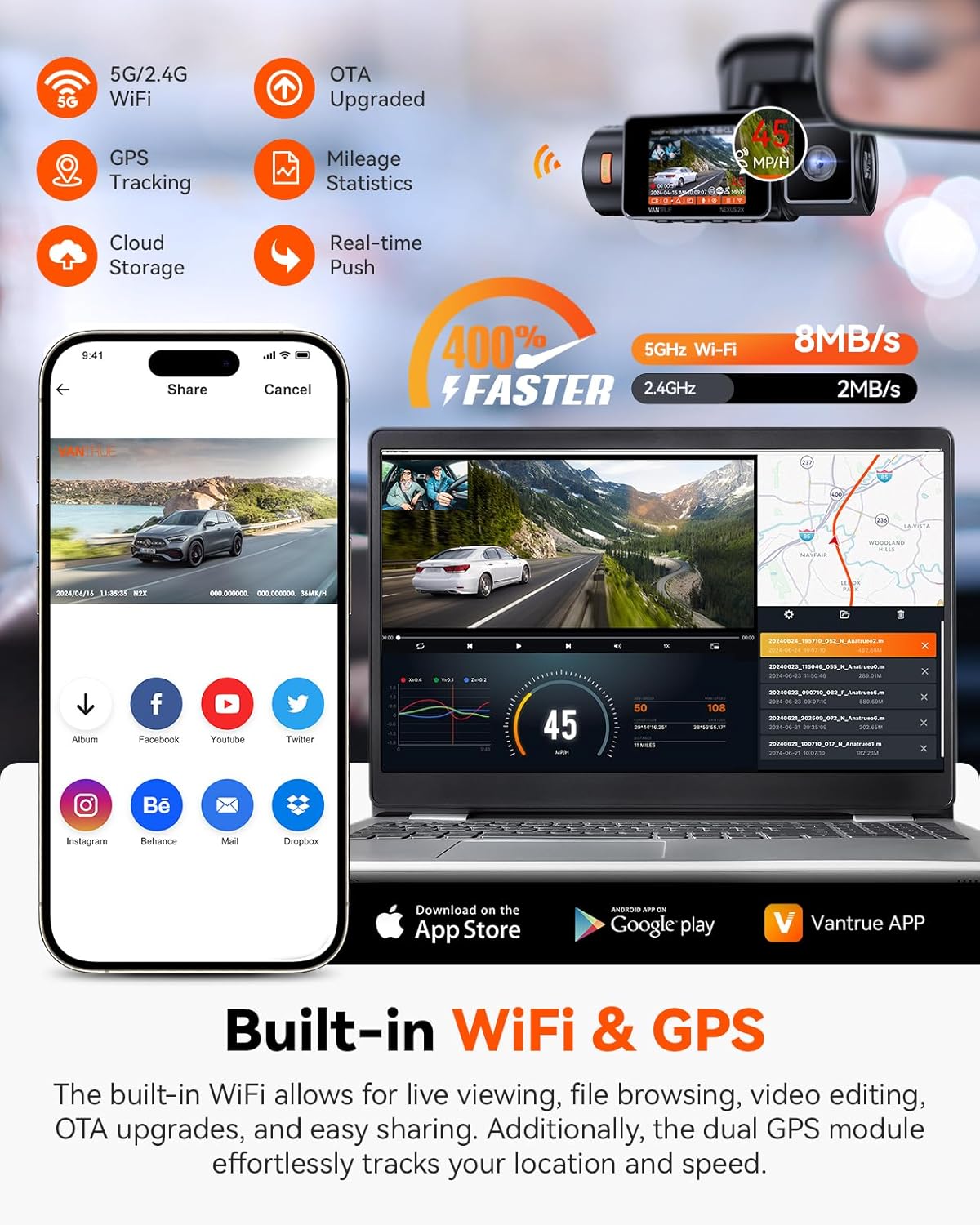 Vantrue N2X 2.7K Dash Cam Front and Inside