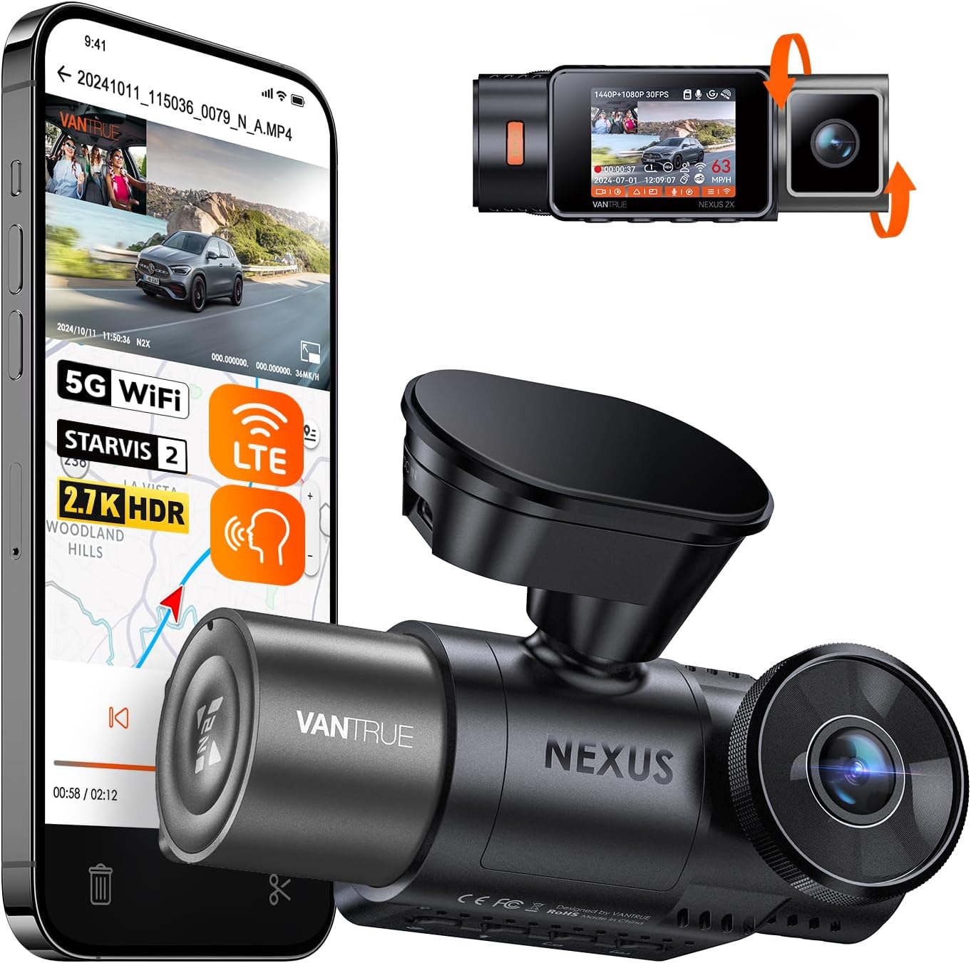 Vantrue N2X 2.7K Dash Cam Front and Inside